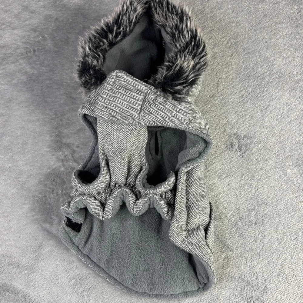 Herringbone Dog Coat Unisex‎ Small Grey Faux Fur Hooded Fleece Lined